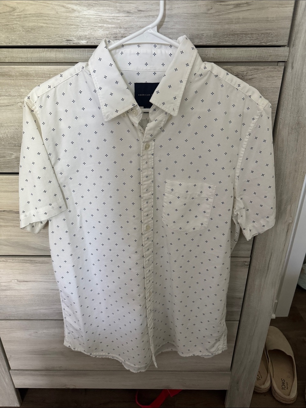 American Eagle Outfitters White Short-Sleeve Button-Down with Navy Micro Print